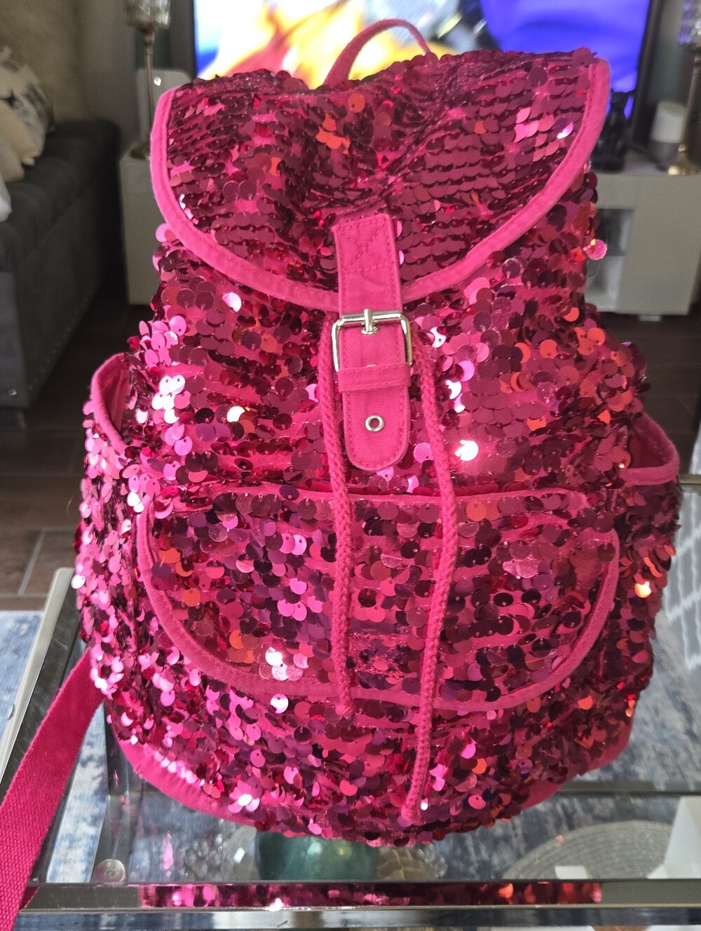 PS from Aéropostale Y2K Hot Pink Sequin Drawstring Flap Mini Backpack Bag - Picture 3 of 12